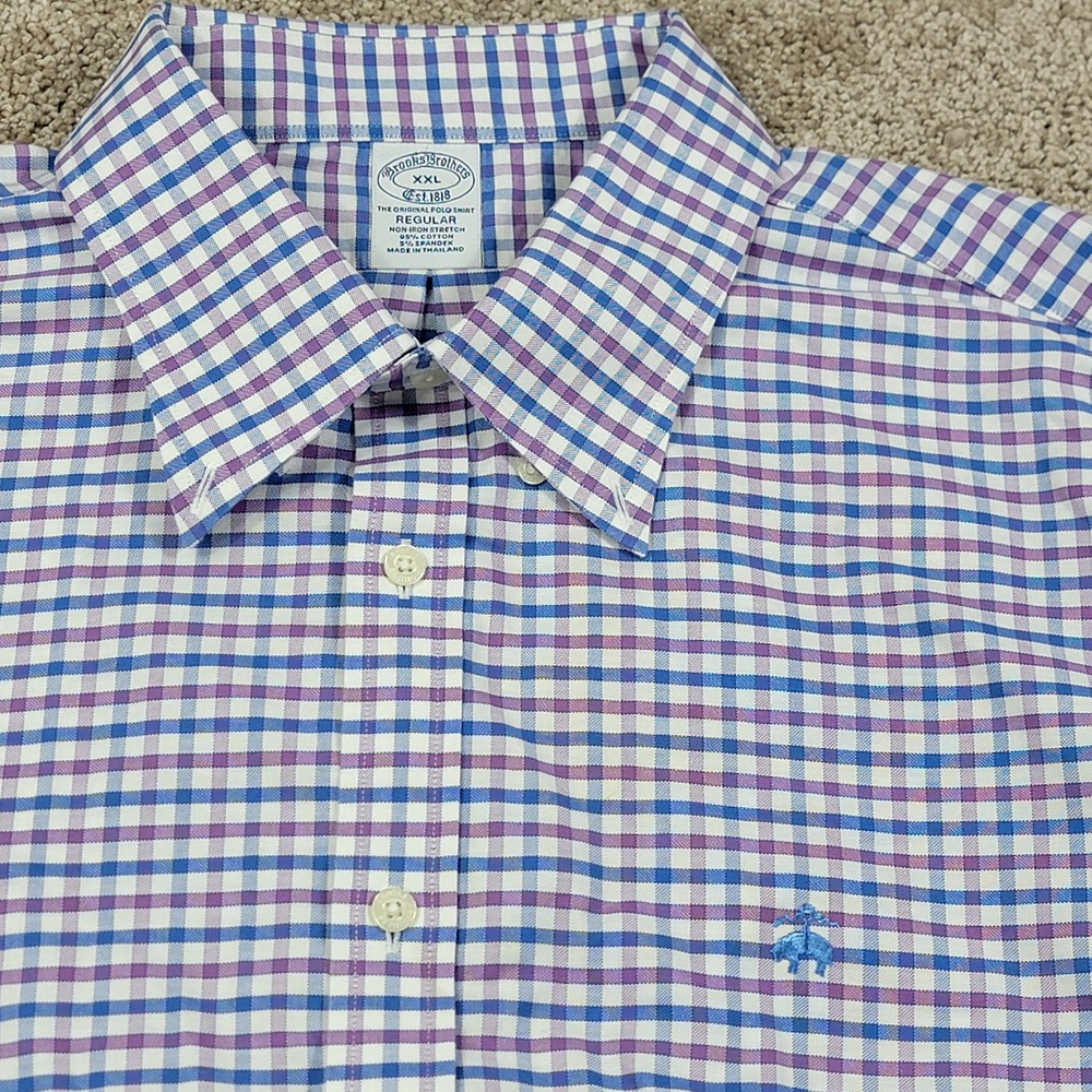 Brooks Brothers Mens XXL Regular Fit Non-Iron Stretch Gingham Shirt Blue Purple